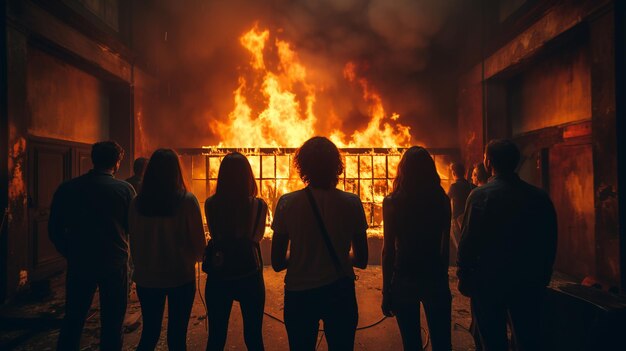 Grupa ludzi patrzących na płonący budynek Wielki dom w ogniu Koncepcja bezpieczeństwa przeciwpożarowego