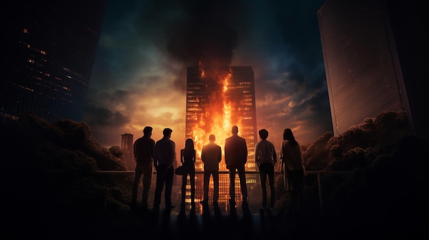 Zdjęcie grupa ludzi patrzących na płonący budynek wielki dom w ogniu koncepcja bezpieczeństwa przeciwpożarowego