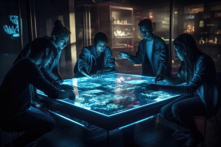 Grupa ludzi patrzy na interaktywny stół Generative Ai