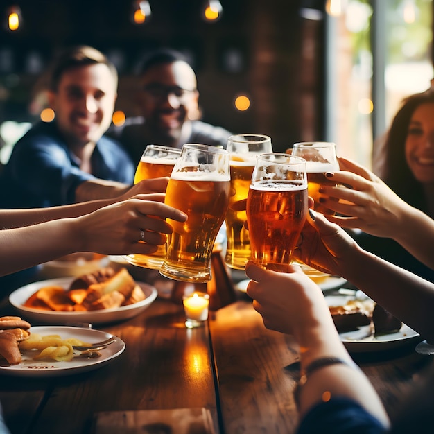 Grupa ludzi pijących piwo w restauracji z browarem Szczęśliwi przyjaciele Generatywna sztuczna inteligencja