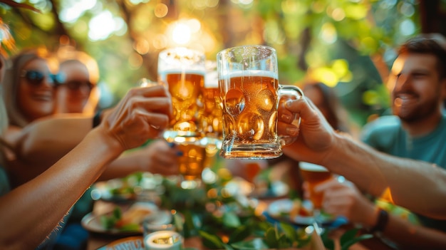 Grupa ludzi podnoszących toasty z piwem przy stole