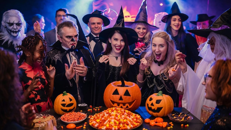 Zdjęcie grupa ludzi pozuje na zdjęcie z dynią i dynią