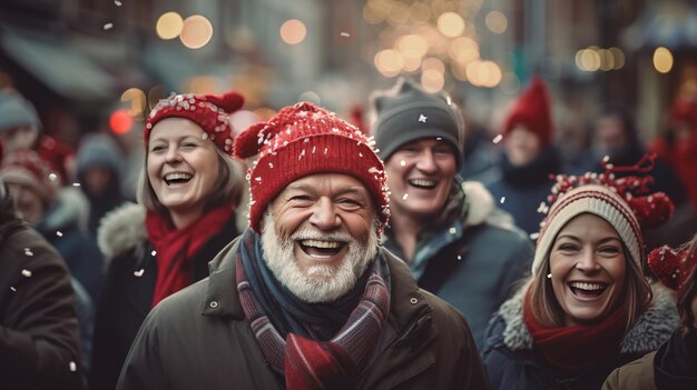 Zdjęcie grupa ludzi przebranych za świętego mikołaja w jasnoczerwonych garniturach i białych brodach