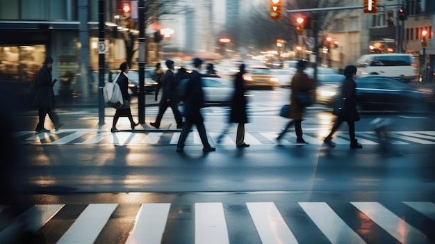 Grupa ludzi przecinająca ulicę w nocy Miejska nocna scena z pieszymi