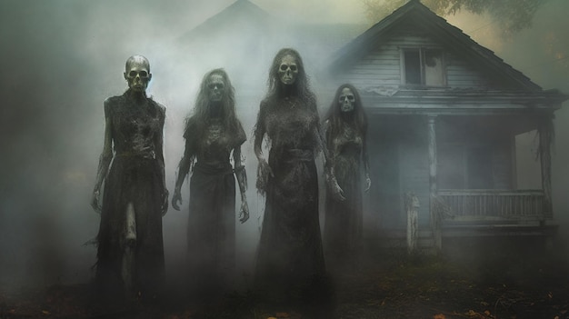 Grupa ludzi przed domem z napisami "zombie" na przodu.