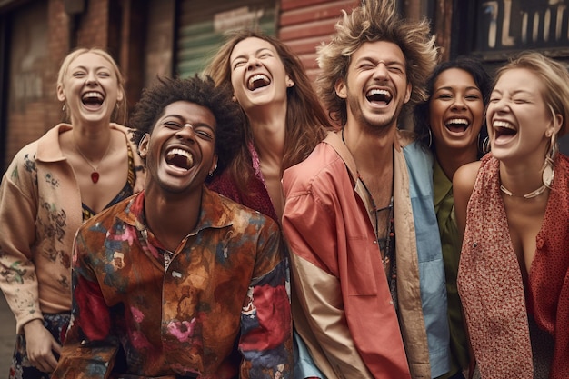 Grupa ludzi różnych narodowości śmiejących się Różne narodowości w różnym wieku bawią się razem bawią się razem śmiejąc się Uśmiech Przyjemność relaks szanuj pokój Generacyjna sztuczna inteligencja