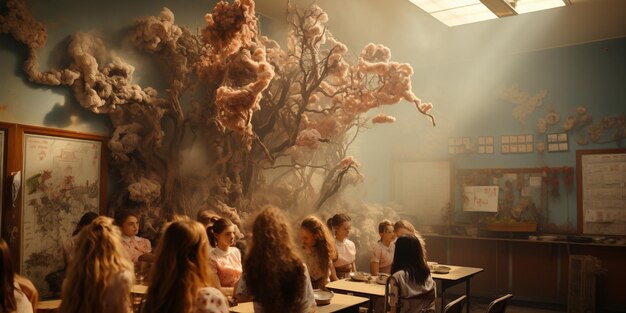 Zdjęcie grupa ludzi siedzących przy stole z drzewem w tle nieznani uczniowie w klasie