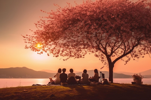 Grupa ludzi siedzi na kocu piknikowym pod drzewem z różowym kwiatem wiśni w tle.