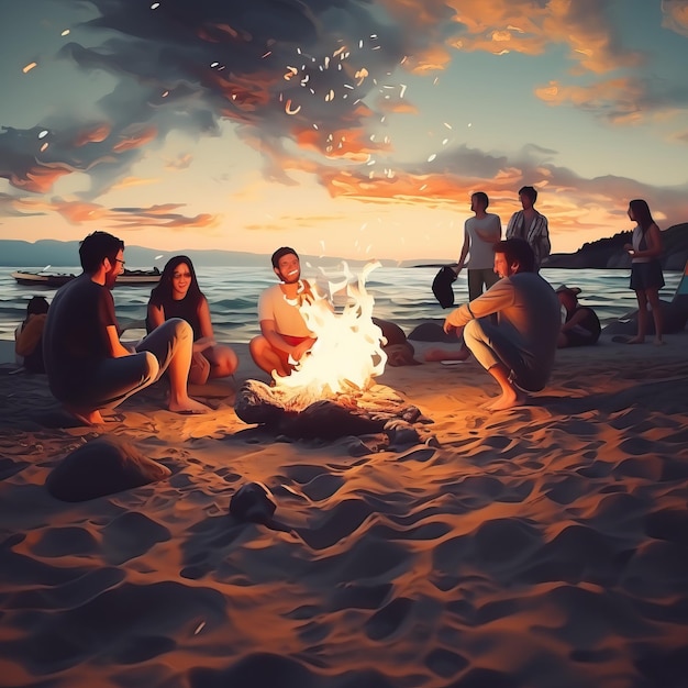 grupa ludzi siedzi na plaży i patrzy na ogień zapalany przez świecę