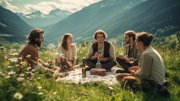 grupa ludzi siedzi na stole piknikowym z górami w tle.