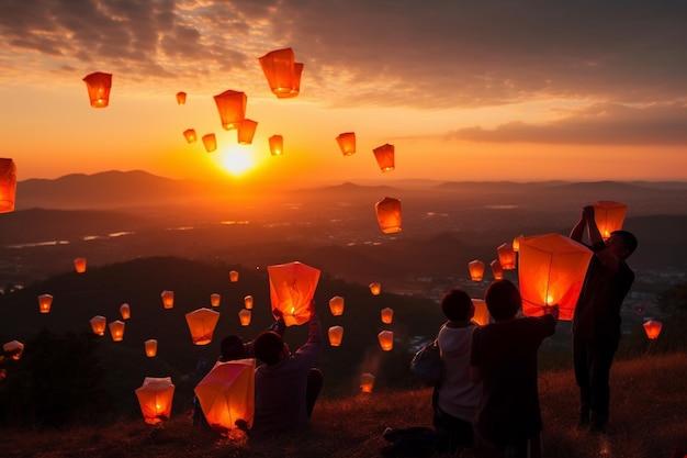 Grupa ludzi siedzi na wzgórzu z latarniami latającymi na niebie.