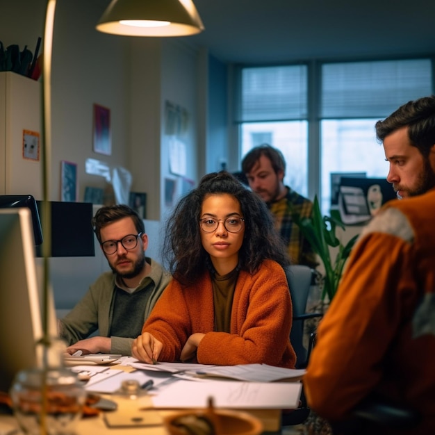 Grupa ludzi siedzi przy biurku z komputerem i lampą.