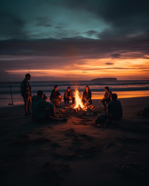 Grupa ludzi siedzi przy ognisku na plaży o zachodzie słońca.