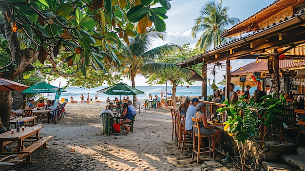 Zdjęcie grupa ludzi siedzi w barze na plaży, cieszą się słońcem i piaskiem.