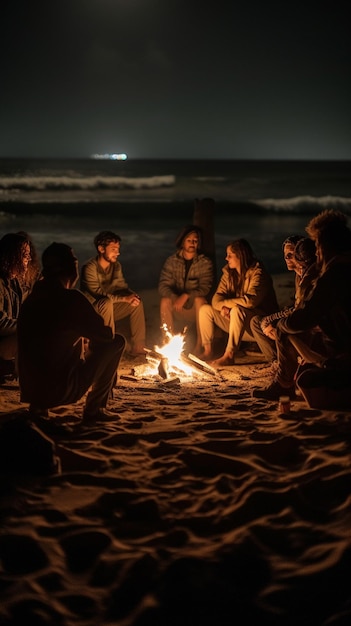 Grupa ludzi siedzi w nocy przy ognisku na plaży.