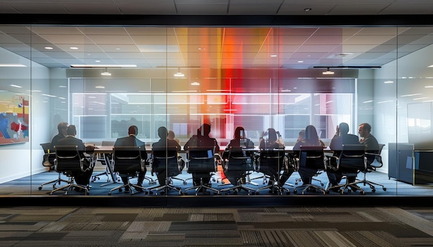 Grupa ludzi siedzi w sali konferencyjnej z dużym oknem generowanym przez AI obrazem