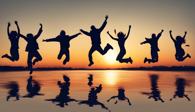 Zdjęcie grupa ludzi skaczących do wody o zachodzie słońca