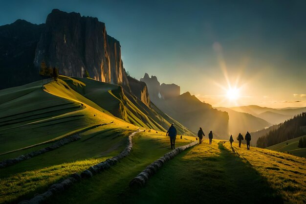 grupa ludzi spacerujących po zielonej trawie o zachodzie słońca.