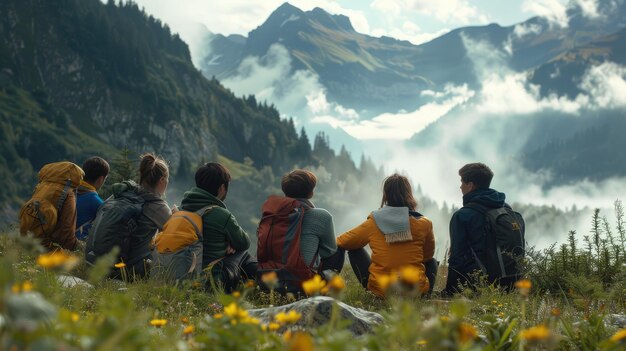 Zdjęcie grupa ludzi spędzających razem czas w górach z tyłu