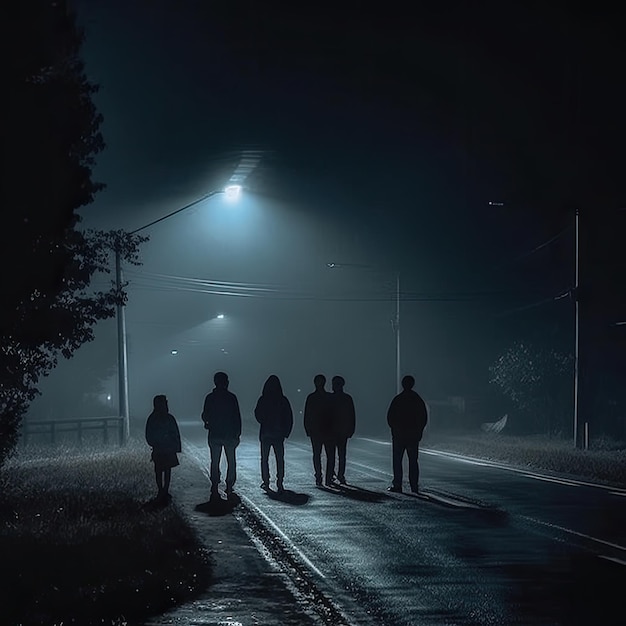 Grupa ludzi stoi na drodze w ciemności.