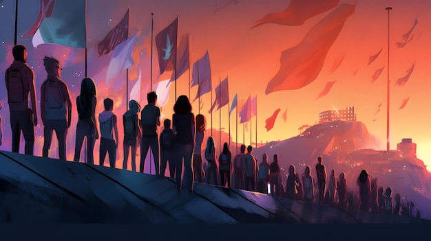 Grupa ludzi stoi na wzgórzu z flagami w futurystycznej grafice koncepcyjnej na promocyjnej sztuce powitalnej i banerze strony internetowej