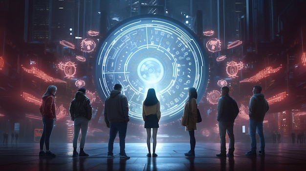 Grupa ludzi stoi przed dużym okrągłym przedmiotem z napisem „cyberpunk”.