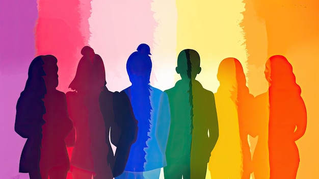 Grupa ludzi stoi w kolejce, jedna z nich jest pokolorowana kolorami tęczy.