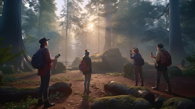 Grupa ludzi stoi w lesie, patrząc na słońce przeświecające przez drzewa.