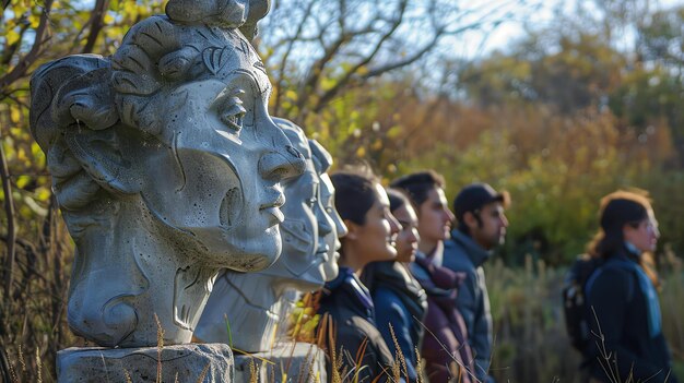 Grupa ludzi stojących na polu patrzących na dużą kamienną rzeźbę rzeźba to głowa kobiety z spokojnym wyrazem twarzy
