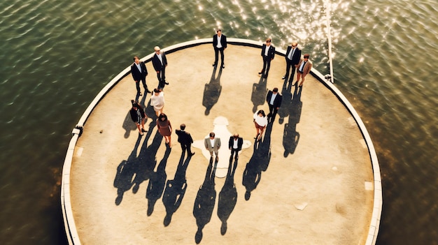 Zdjęcie grupa ludzi stojących na przystani, na których świeci słońce