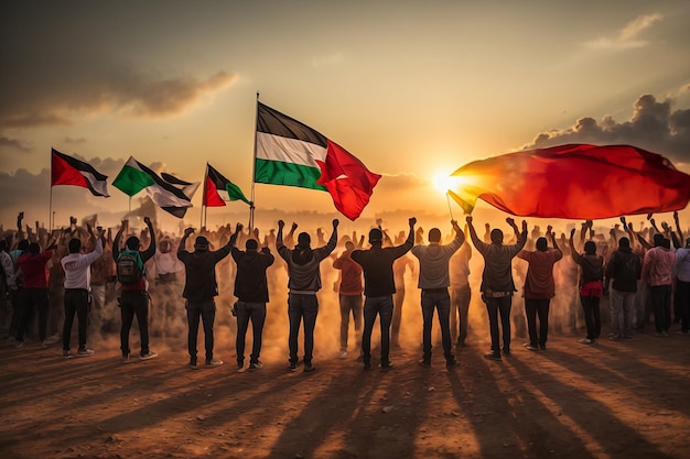 Grupa ludzi stojących razem i podnoszących pięści i flagi w geście solidarności z Palestyną