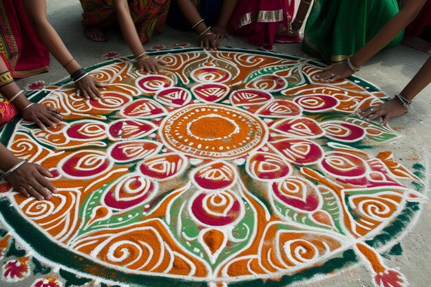 Zdjęcie grupa ludzi stojących wokół kolorowego rangoli