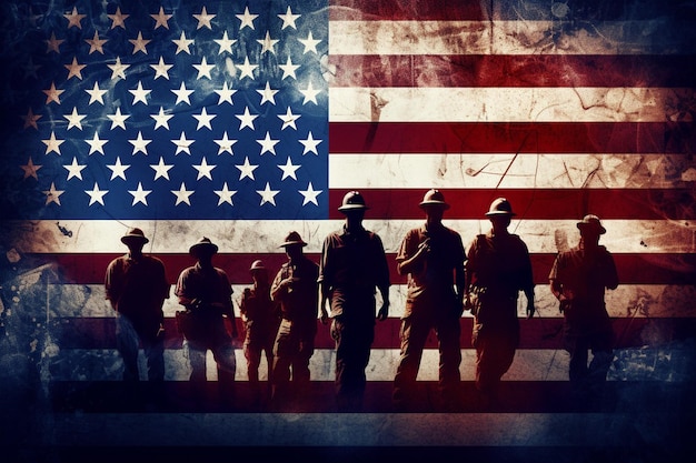 Grupa ludzi stojących za amerykańską flagą