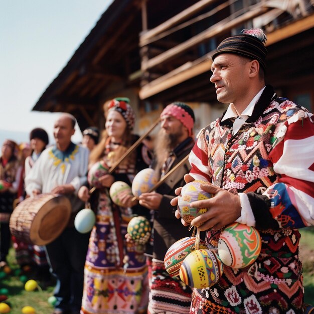 Zdjęcie grupa ludzi stojących za budowaniem tradycji wielkanocnych w rumunii