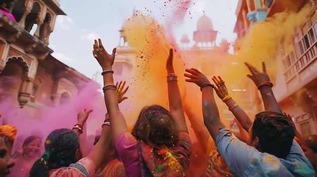 Grupa ludzi świętuje hinduskie święto Holi, rzucają w siebie kolorowym proszkiem i tańczą na ulicach.