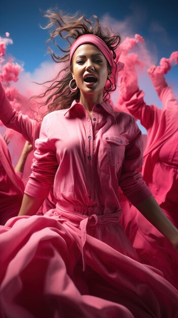 Grupa ludzi tańczących przed błyszczącym różowym tłem stworzona za pomocą generatywnej sztucznej inteligencji