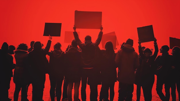 Zdjęcie grupa ludzi trzyma puste tabliczki w proteście. wszyscy noszą ciemne ubrania i mają zakryte twarze.
