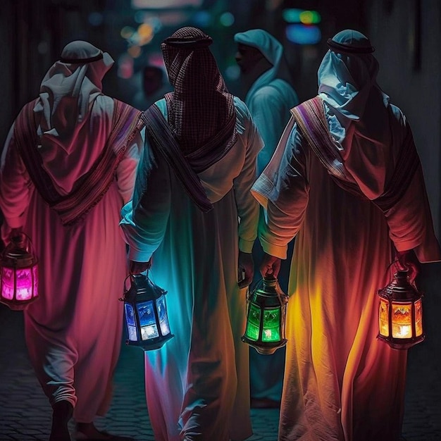 Grupa ludzi trzymających latarnie w ciemności