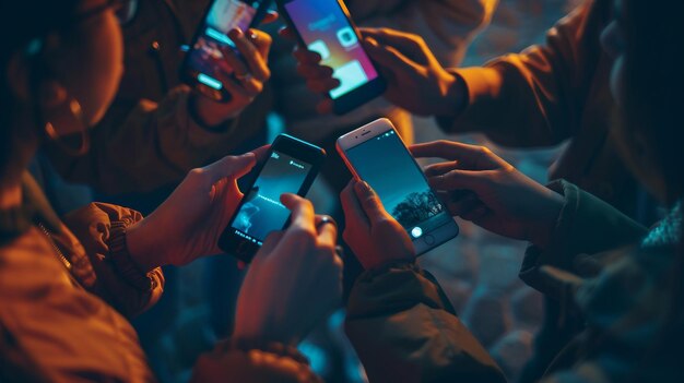 Grupa ludzi trzymających telefony komórkowe z jednym pokazującym ich telefony komórczne