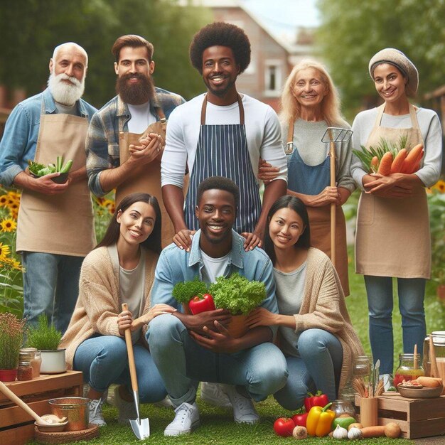 Zdjęcie grupa ludzi trzymających warzywa, a człowiek trzymający garnek warzyw.
