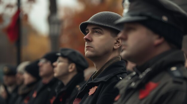 Grupa ludzi ubranych w mundury wojskowe stoi w rzędzie, patrzą w odległość, a ich twarze są ponure.