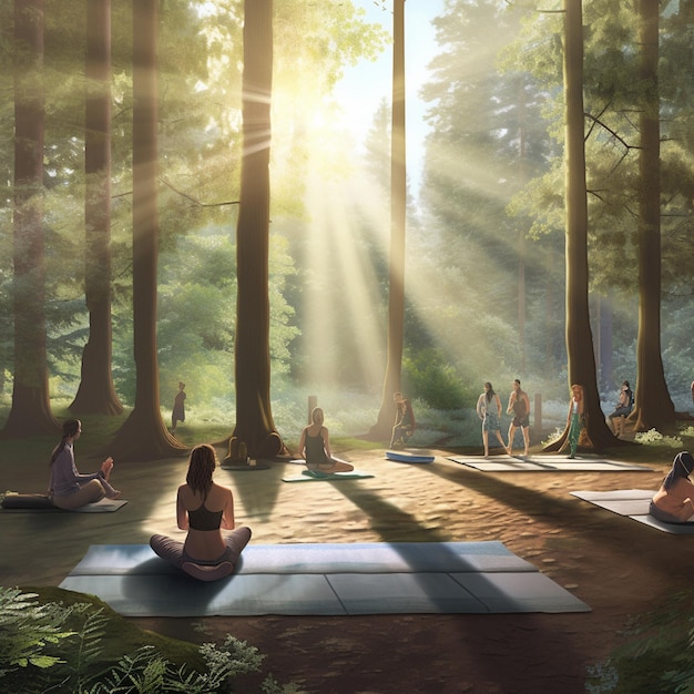 Grupa ludzi uprawiających jogę w lesie