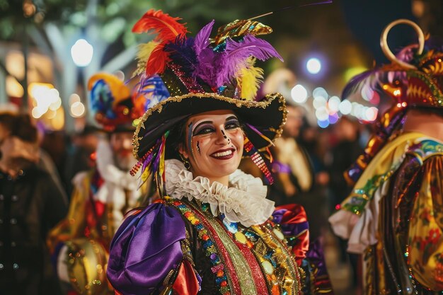 Grupa ludzi w kolorowych kostiumach stojących razem Ludzie ubrani w skomplikowane kostiumy na paradzie Mardi Gras