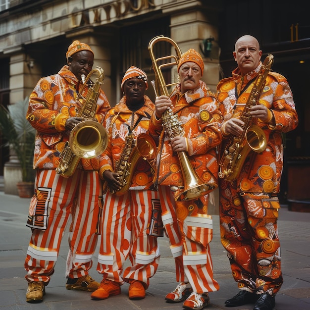 Zdjęcie grupa ludzi w pomarańczowych garniturach gra na saksofonach
