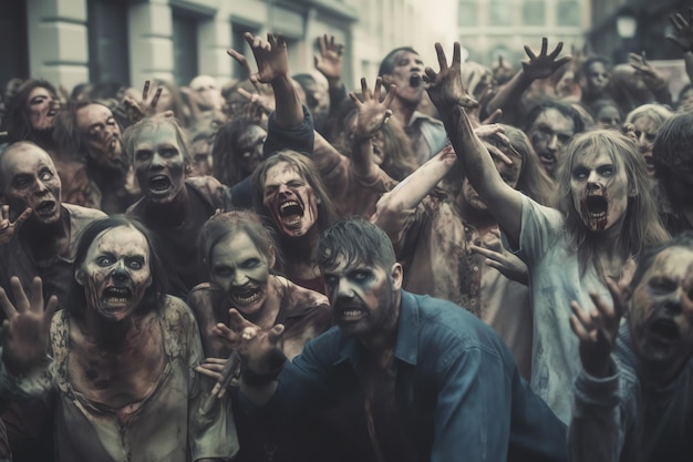 Grupa ludzi w tłumie ze słowem zombie na przodzie.