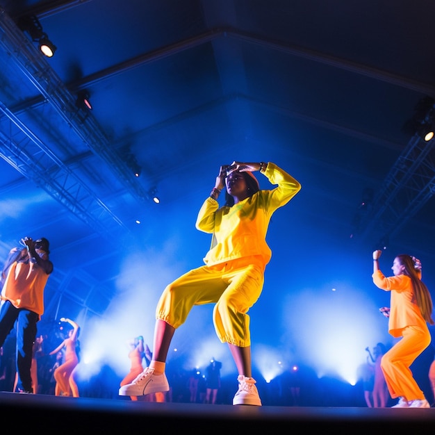 Grupa ludzi w żółtych strojach tańczy na scenie.