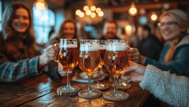 Grupa ludzi wypijających piwo z kieliszkami w pubie w ekstremalnym zbliżeniu Generatywna sztuczna inteligencja