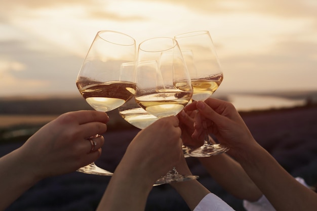 Grupa ludzi wznoszących toast za kieliszki do wina, a za nimi zachód słońca