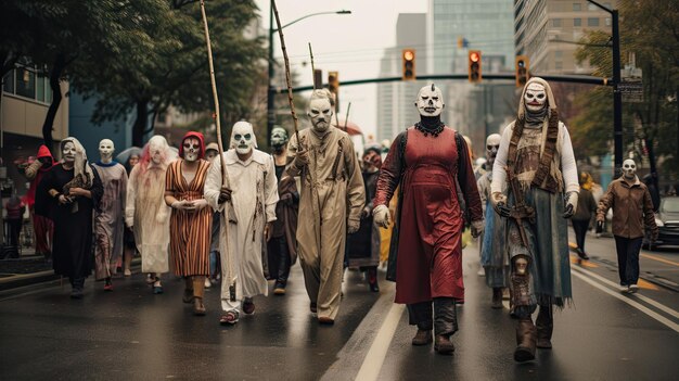 Grupa ludzi z maskami, które mówią "zombie"