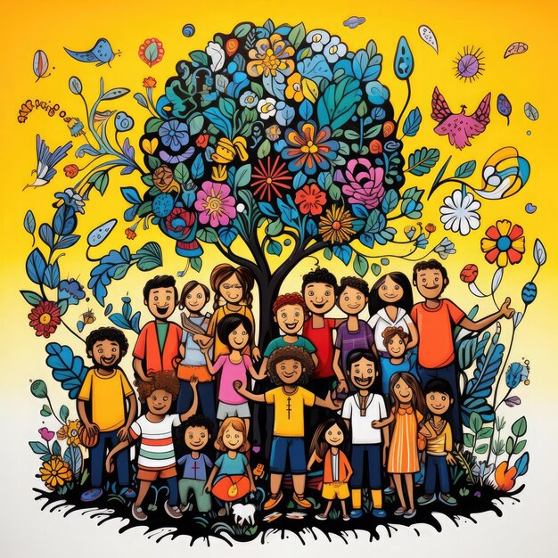 Zdjęcie grupa ludzi z miasta stojących pod drzewem ilustracja książki dla dzieci